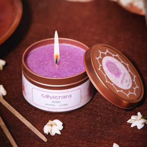 Hand-poured Sahasrara chakra candle made with palm wax and essential oils for your crown chakra.