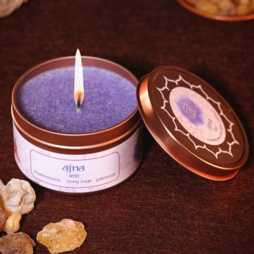Hand-poured Ajna chakra candle made with palm wax and essential oils for your brow chakra.