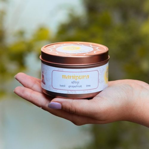 Hand-poured Manipura chakra candle made with palm wax and essential oils for your solar plexus chakra.