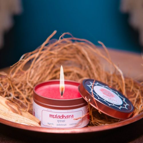 Hand-poured Muladhara chakra candle made with palm wax and essential oils for your root chakra.