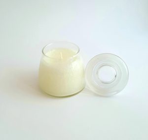 Conical Borosil glass candle with Lid open 1