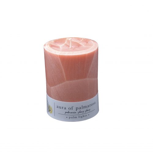 Hand-poured Aura of Palmarosa pillar candle made with palm wax and natural essential oils.