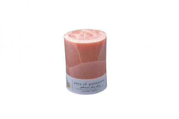 Hand-poured Aura of Palmarosa pillar candle made with palm wax and natural essential oils.
