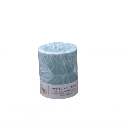 Hand-poured Merry Rosemary pillar candle made with palm wax and natural essential oils.