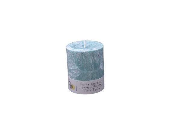 Hand-poured Merry Rosemary pillar candle made with palm wax and natural essential oils.