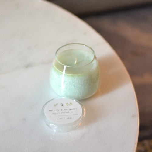 Merry Rosemary palm wax candle in glass jar – hand-poured with essential oils for aromatherapy and uplifting home fragrance.