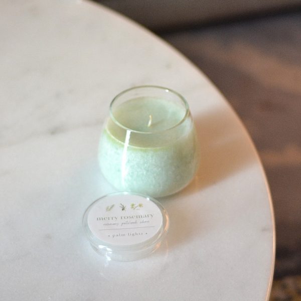 Merry Rosemary palm wax candle in glass jar – hand-poured with essential oils for aromatherapy and uplifting home fragrance.