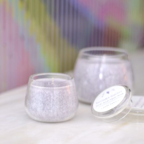 Lavender Forever palm wax candles in glass jars with a natural essential oil blend for calming aromatherapy and home fragrance.