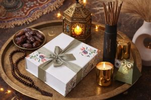 Luxury Ramadan gift box with scented candles, lantern and dates by Palm Lights in Dubai
