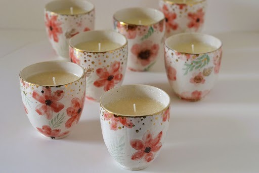Handmade stoneware candles with floral design by Palm Lights Dubai