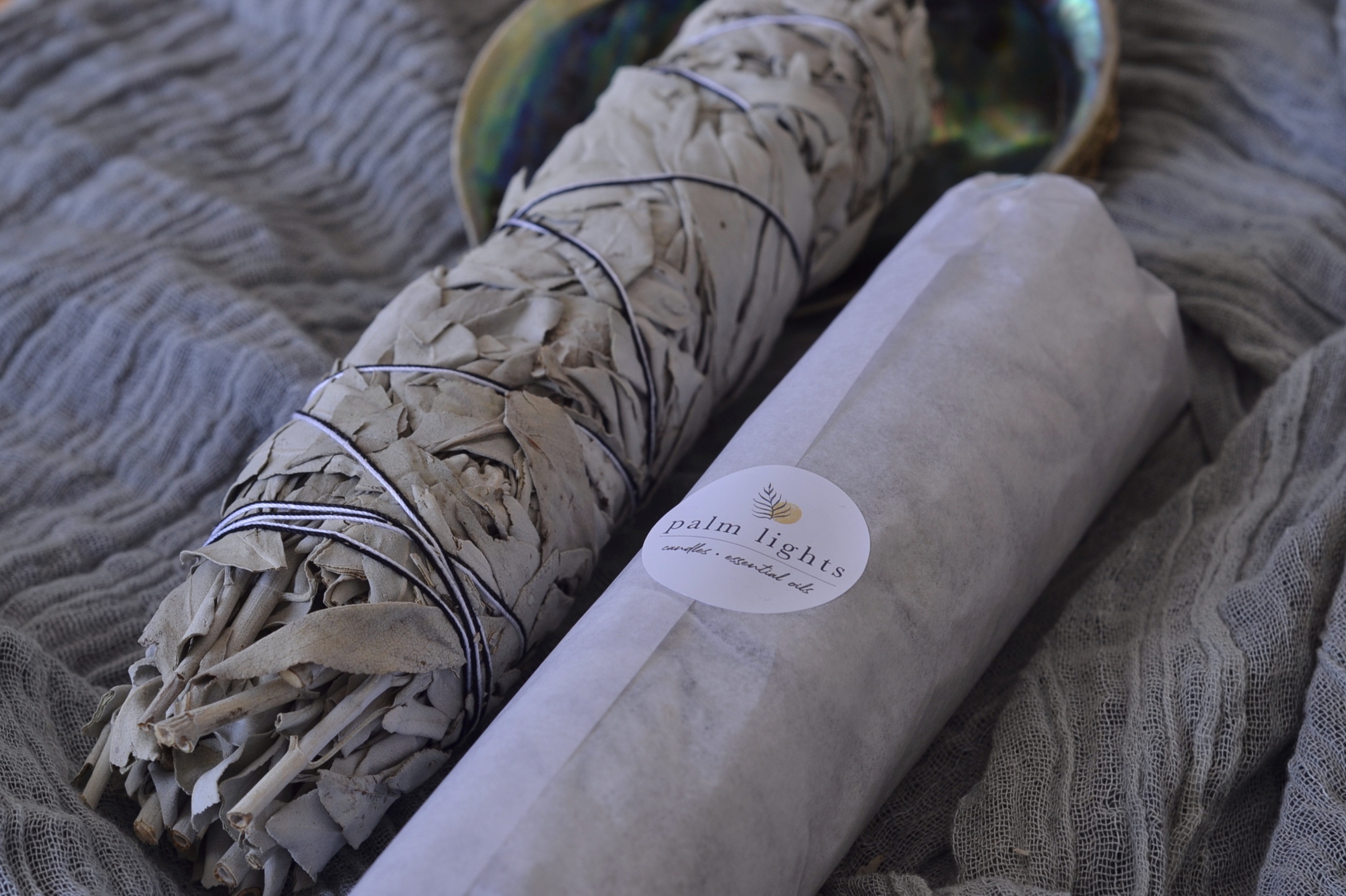 White sage smudge stick with abalone shell by Palm Lights for energy cleansing