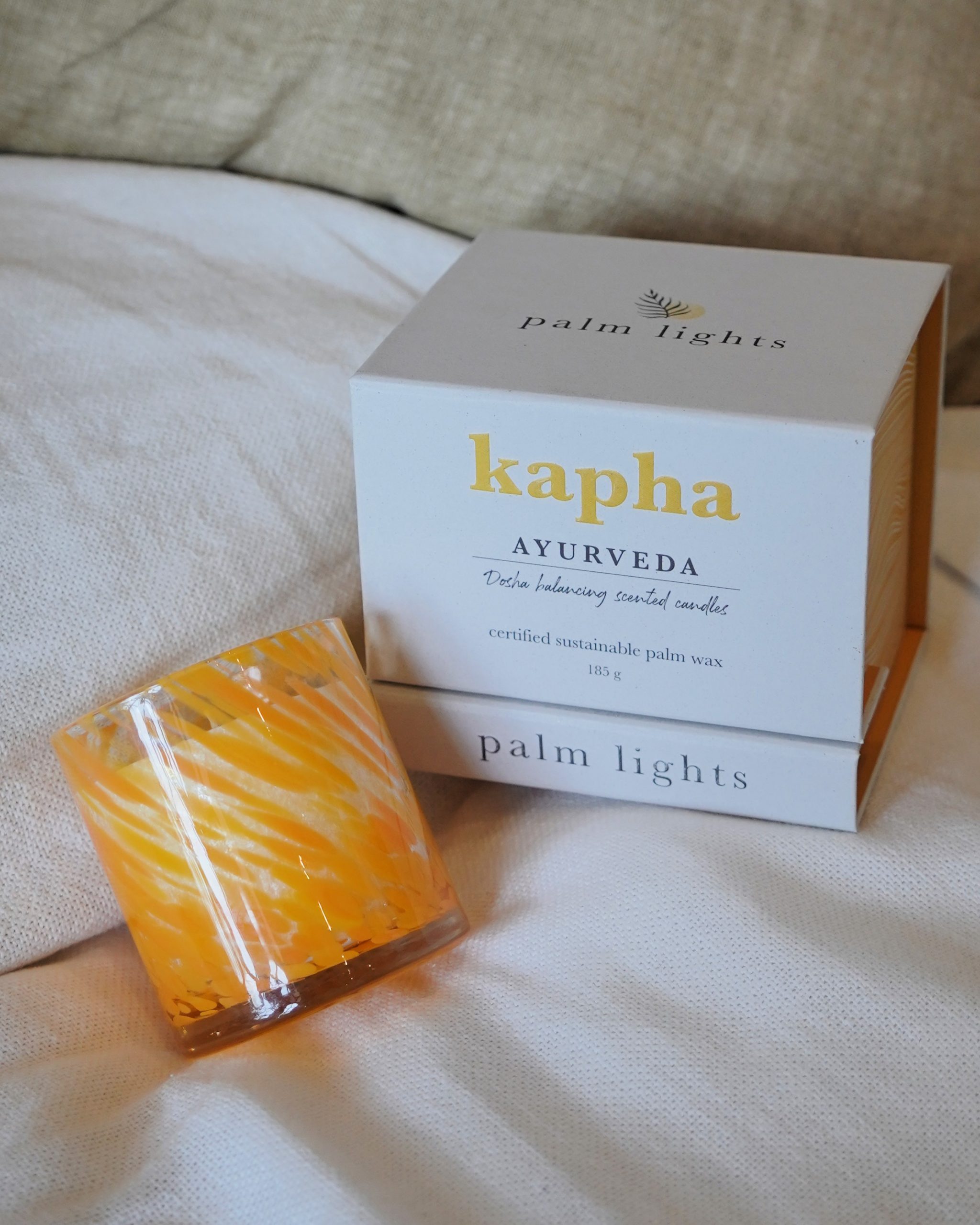 Kapha dosha candle in amber glass jar, Palm Lights Ayurveda collection