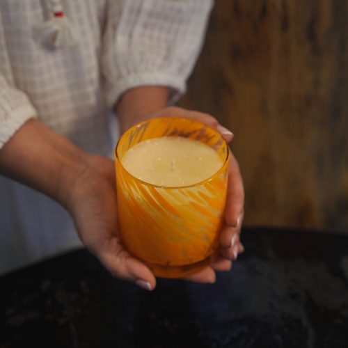 Kapha-Vata dosha candle in amber glass jar, Palm Lights Ayurveda collection