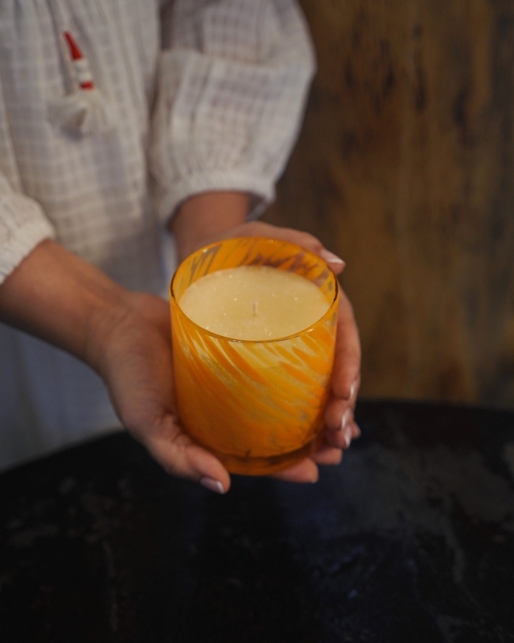 Kapha-Vata dosha candle in amber glass jar, Palm Lights Ayurveda collection