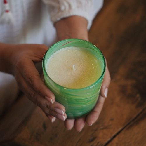 Vata-Pitta dosha candle in amber glass jar, Palm Lights Ayurveda collection