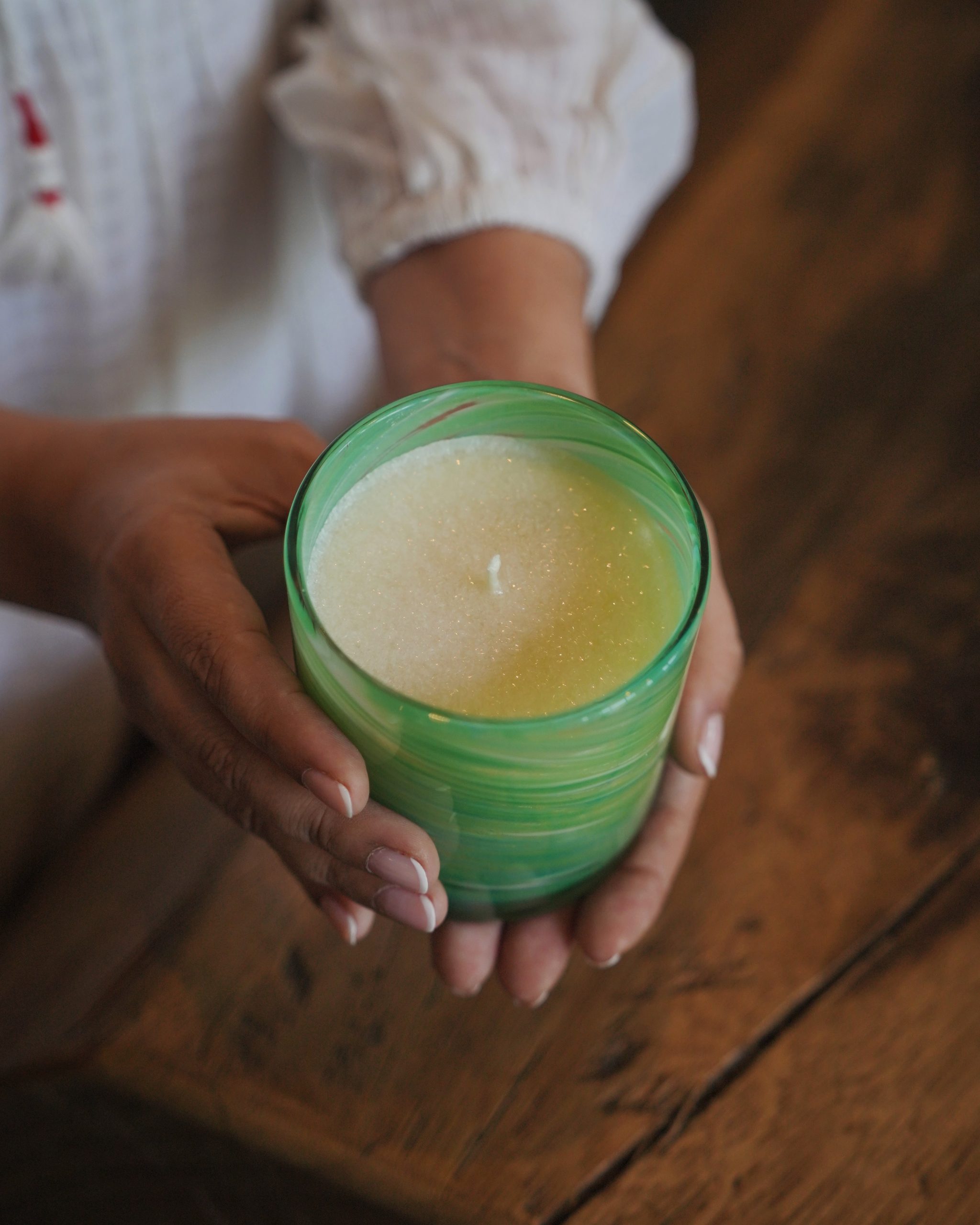 Vata-Pitta dosha candle in amber glass jar, Palm Lights Ayurveda collection