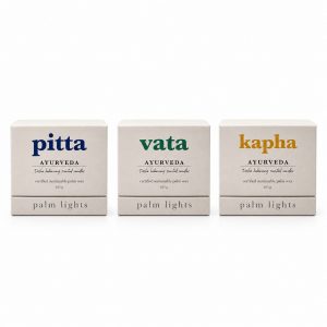 Ayurveda Candle Trio gift set, three dosha candles in amber glass jars on white background