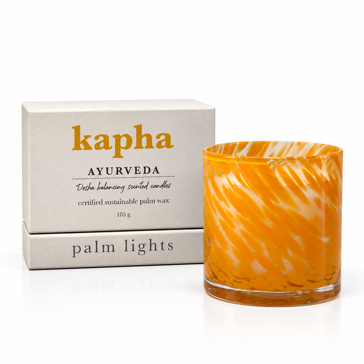 Kapha dosha candle in amber glass jar, part of the Palm Lights Ayurveda Candle Trio, white background