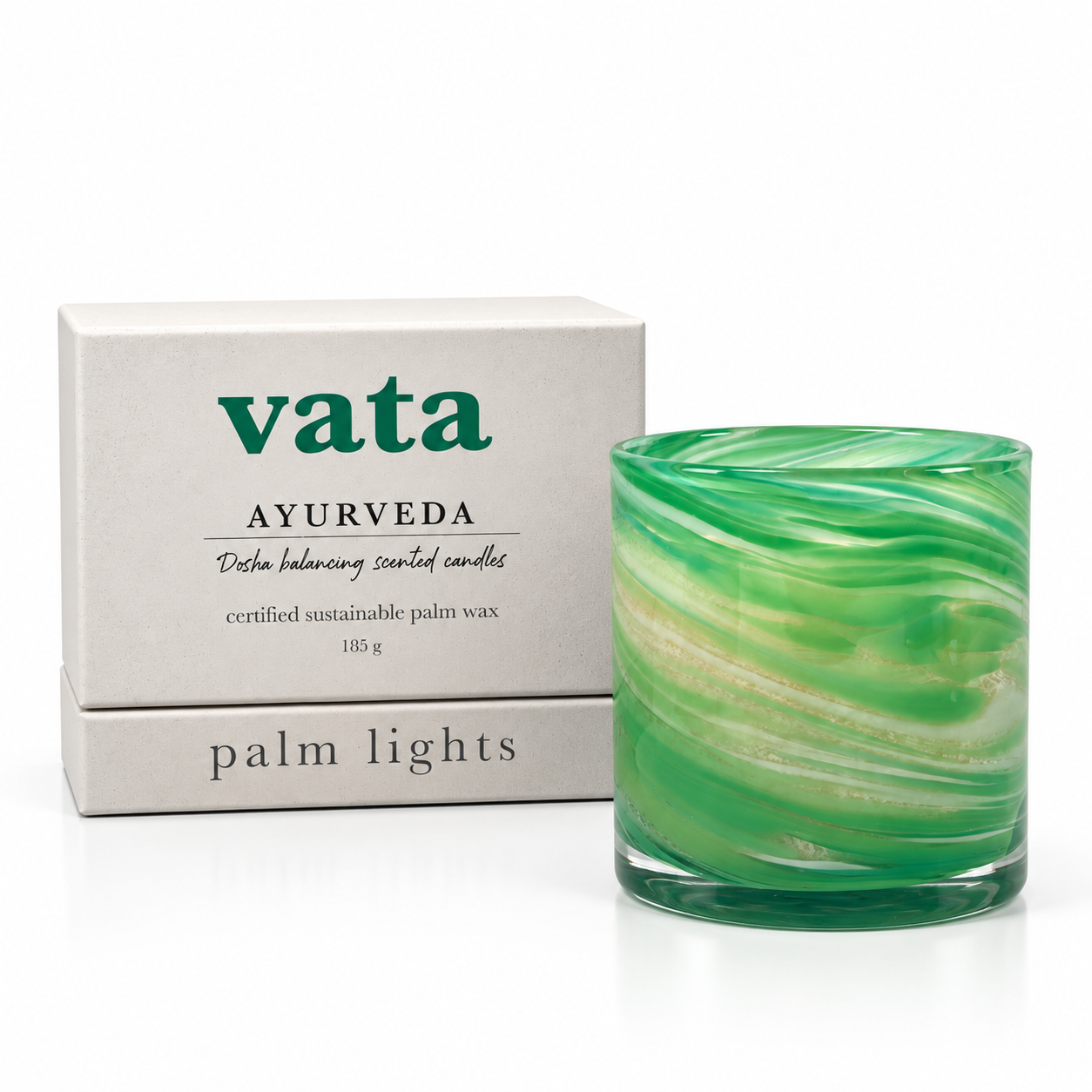 Vata dosha candle in amber glass jar, part of the Palm Lights Ayurveda Candle Trio, white background
