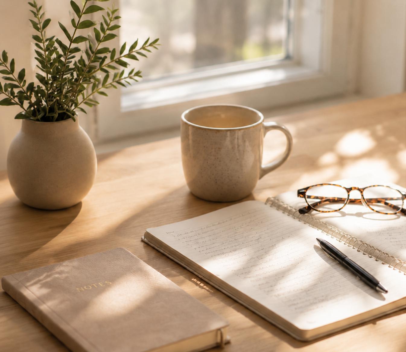 Open notebook, pen, speckled ceramic mug and a small plant on a sunlit wooden desk