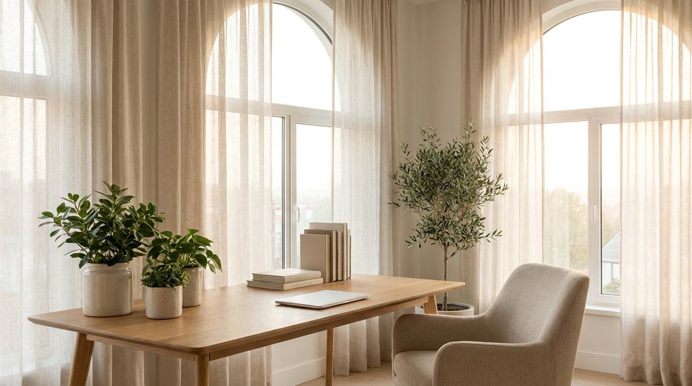 Calm home office with an oak desk, linen curtains, plants and an armchair in warm neutral tones
